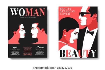 Two variants of woman magazine cover designs, romantic concept. Male and female characters, face to face. Templates in red, white and black colors. Vector illustration