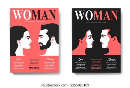 Two variants of woman magazine cover designs, romantic concept. Male and female characters, face to face. Templates in red, white and black colors. Vector illustration