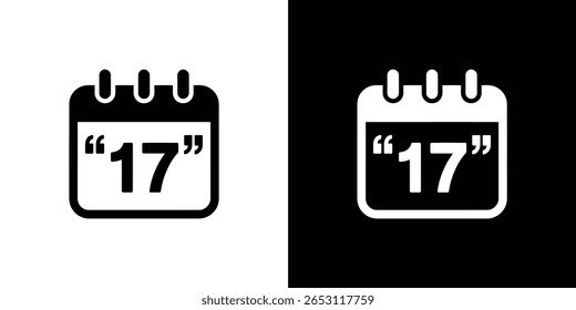 Duas variações de um ícone de calendário são mostradas, uma em preto sobre branco e a outra em branco sobre preto, ambos exibindo o número 17 enquadrado por aspas.