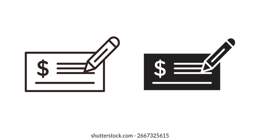 Two variations of a check icon with a pencil, indicating writing or filling a check. Isolated on white.