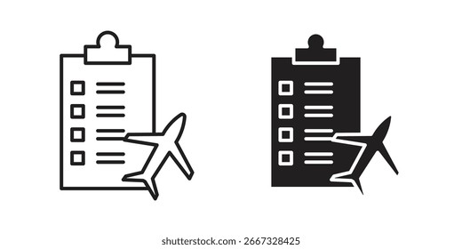 Dos variaciones de un icono de lista de comprobación con un avión, uno en negro y otro en estilo de contorno, aislado en blanco.
