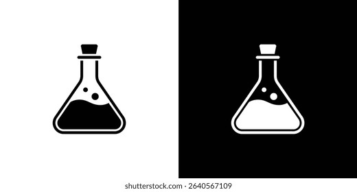 Two variations of a chemical flask icon, one in black on white and one in white on black, useful for science and laboratory visualizations.