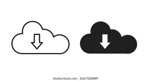 Two variations of a cloud download icon, one outline and one solid, isolated on white.