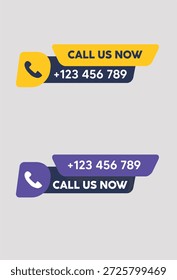 Duas variações de um colorido e moderno bloco de call-to-action com um ícone de telefone, o texto "LIGUE PARA NÓS AGORA", e um número de espaço reservado, projetado como elementos vetoriais para uso em web design contemporâneo ou materiais de marketing digital.