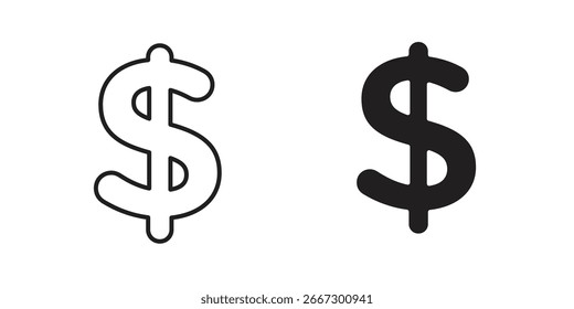 Dos variaciones de un icono de signo de dólar: uno delineado, uno lleno. Aislado en blanco.