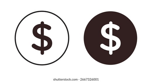 Duas variações de um ícone de sinal de dólar dentro de um círculo, um escuro no branco, um branco no escuro. Design simples e limpo.