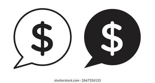 Two variations of a dollar sign icon inside a speech bubble, one black on white, one white on black. Isolated on white background.