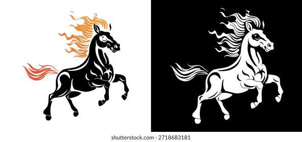 Dos variaciones de un símbolo del zodiaco del caballo de fuego. Una versión presenta una majestuosa melena de llamas que fluyen, mientras que la otra es un diseño de silueta blanca invertida limpia.