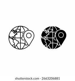 Duas variações de um ícone de globo com um marcador de localização, um contornado e um preenchido.