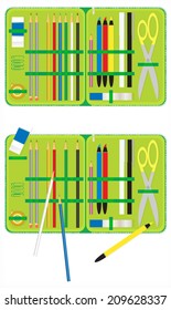 Two variations of green pencil box on white background Neat and sloppy.