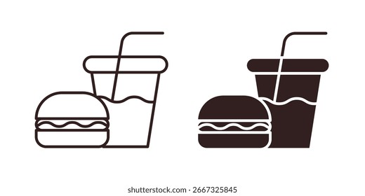 Dos variaciones de iconos de hamburguesas y refrescos: una línea de arte, uno sólido. Perfecto para menús de comida rápida o App.