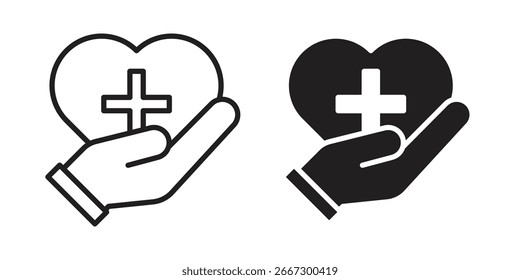 Zwei Variationen einer Hand, die ein Herz mit einem Kreuz hält, einzeln auf Weiß. Linien- und Volltonversionen in Schwarz.