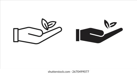 Dos variaciones de un icono de hojas de mano, una línea de arte y un sólido negro, aislado en blanco.