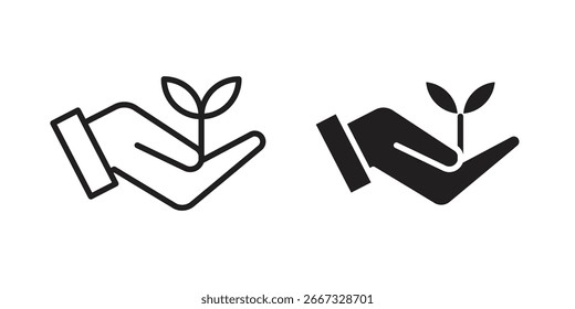Dos variaciones de una mano que sostiene un icono de brote, perfecto para conceptos ecológicos o de crecimiento. Se incluyen las versiones Line art y Solid Black.