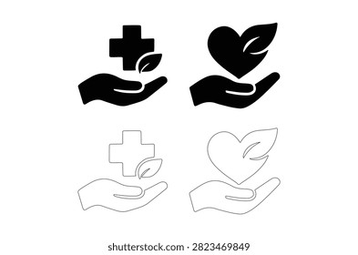 Two variations of icons depicting hands holding a medical cross with a leaf and a heart with a leaf. Style