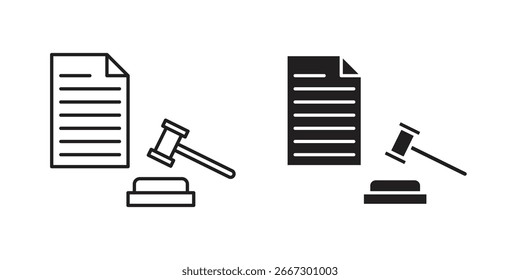Dos variaciones de iconos de documentos legales con un mazo, aislados sobre un fondo blanco. Diseño sencillo, en blanco y negro.