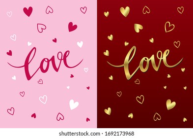 Dos variaciones de cartas de amor con símbolos del corazón y texto con letras a mano con la palabra 'Amor'.