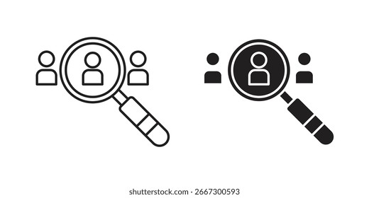 Two variations of a magnifying glass icon focusing on a single person within a group, isolated on white.