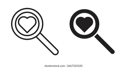 Dos variaciones de un icono de lupa que contiene un símbolo de corazón, aislado sobre un fondo blanco. Arte de línea simple y versiones en negro sólido.