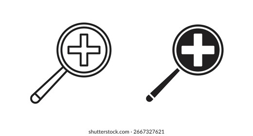 Dos variaciones de un icono de lupa con un símbolo de cruz, aislado sobre un fondo blanco. Diseño sencillo y limpio.