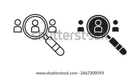 Two variations of a magnifying glass icon focusing on a single person within a group, isolated on white.