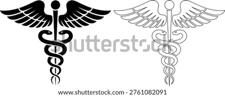 Two variations of the medical caduceus symbol, one in solid black and the other in outline form, against a white background.