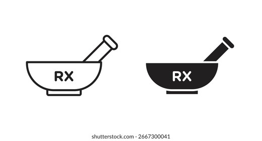 Dos variaciones de un icono de mortero y almirez, una línea de arte y un sólido, ambos con símbolo RX. Aislado en blanco.