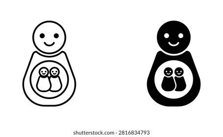 Two variations of a nesting doll icon featuring a parent figure containing two smaller dolls, representing family growth and tradition in a minimalist graphic style.