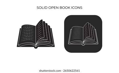 Two variations of an open book icon: a solid black silhouette and a white outline on a rounded black square, perfect for digital libraries or e-readers.