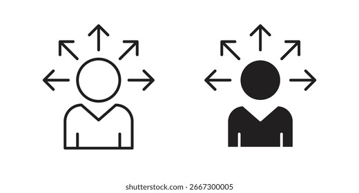 Dos variaciones de un icono de persona rodeado de flechas, que simbolizan la multitarea o la toma de decisiones. Aislado en blanco.