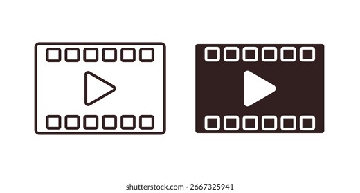 Duas variações de um ícone de botão de reprodução projetado em um estilo de rolo de filme. Um é preto e branco, o outro é marrom escuro e branco.