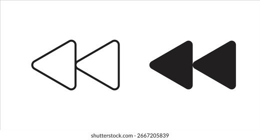 Dos variaciones de un icono de rebobinado, uno delineado y otro relleno, aislado en blanco.