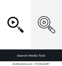 Video Dos variaciones de un icono de herramienta de medios de búsqueda, con una lupa con un símbolo de juego, que representa la búsqueda o el descubrimiento de medios en aplicaciones digitales.