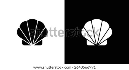 Two variations of a seashell icon, presented with inverted color schemes. One is a black silhouette against a white background, while the other is a white silhouette on black.
