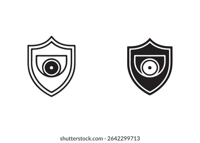 Two variations of a shield icon with a camera lens inside, symbolizing security and surveillance. The icons are isolated on a white background, ideal for websites, apps, 