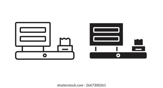 Two variations of a simple conveyor belt system icon, one in line art and one in solid black, isolated on white.