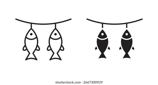 Two variations of simple fish icons hanging from a line, isolated on white. Line art and solid black styles.