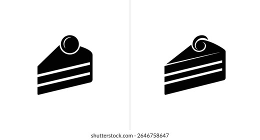 Two variations of a stylized cake slice icon, one with a cherry, another with whipped cream. Rendered as black silhouettes on a transparent background.