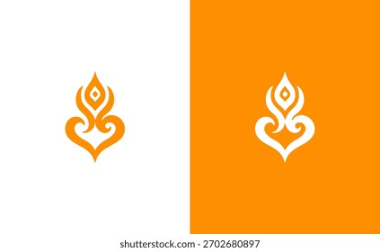 Se presentan dos variaciones de un emblema de llama estilizado en forma de corazón, uno contra un fondo blanco y el otro sobre naranja. 