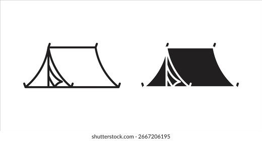 Two variations of a tent icon: a line drawing and a solid black silhouette. Isolated on white.
