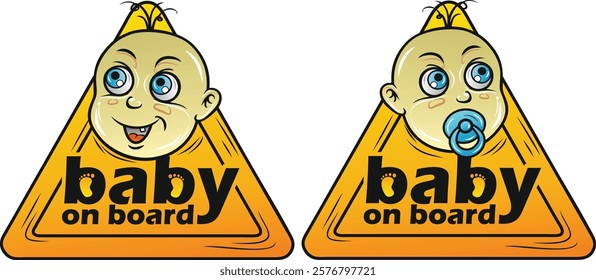 Two variations of a triangular baby on board sign, one with a smiling baby and the other with a pacifier.