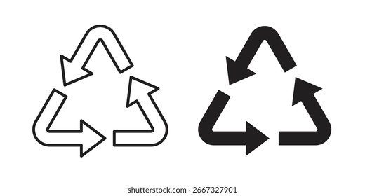Dos variaciones del símbolo de reciclaje universal, una delineada y otra llena, aislada en blanco.