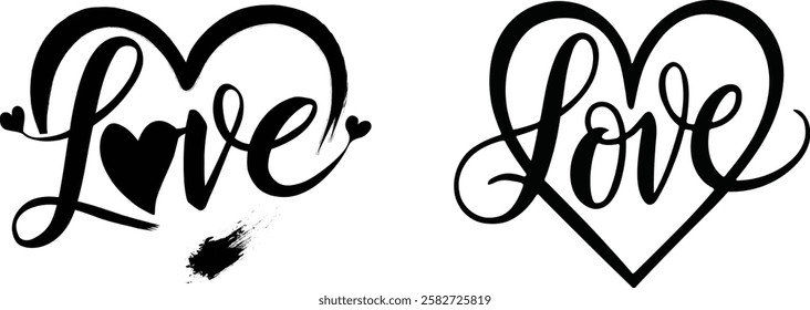 Two variations of the word "LOVE" presented in a stylized, elegant script font, framed within a heart shape.