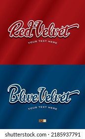 Two variations of the words 'Red Velvet' and 'Blue Velvet as hand drawn script, on a velvet background and text placeholders underneath