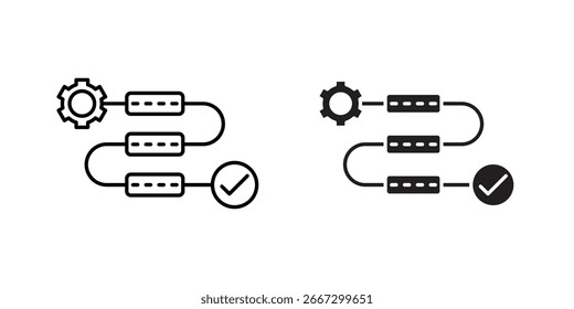 Two variations of workflow process icons, featuring a gear, data blocks, and a check mark, isolated on white background.