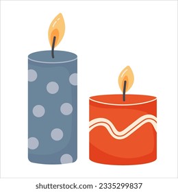 Two various candles. Red and blue. Decorative wax candles for relax. Hand drawn vector images