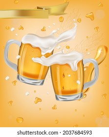 Two various full glass cup with beer. Refreshing mug beer with splashing foam and bubbles, drops beer. Cups with beer for alcoholic drinks advertising design. Vector illustration