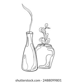 Two vase with floral arrangement black white vector illustration isolated. Plants in high vase ink silhouette hand drawn. Pottery with leaves and stems outline graphic. Design for ceramics class.