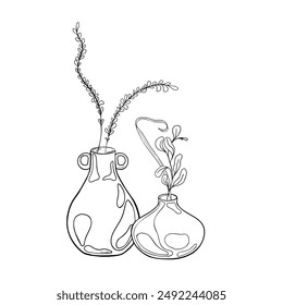 Dos jarrones con subgrupos de Ilustración vectorial blanca negra aislados. Manojo floral en tinta de olla contorno dibujado a mano. Alfarería con hojas y subgrupos delinean gráfico. Diseño para clase de cerámica