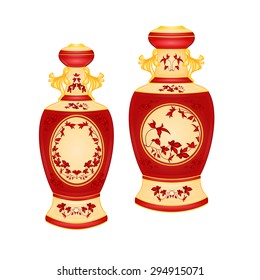 Two vases with red floral pattern vintage vector illustration  